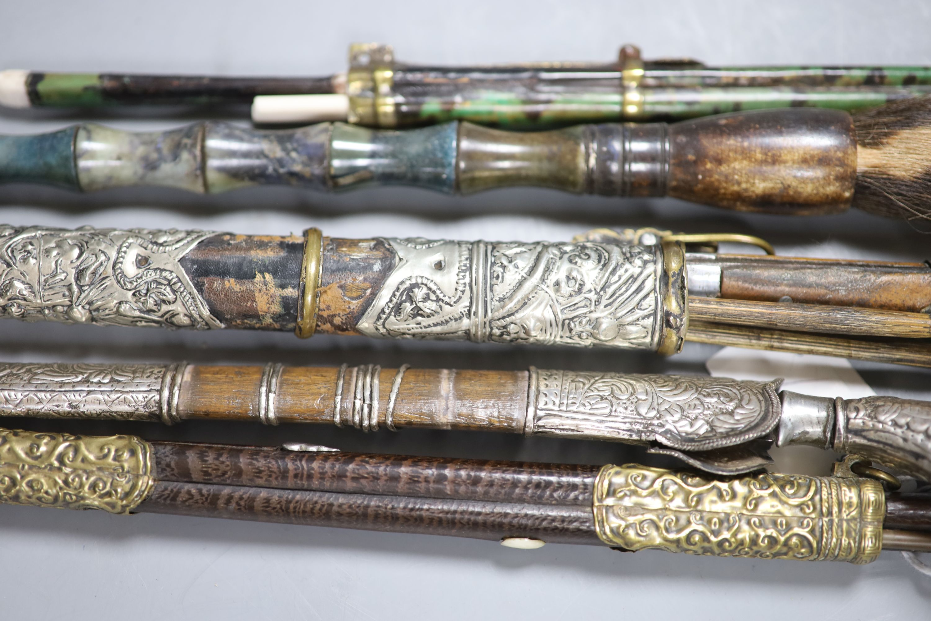 Three South East Asian chop stick sets and knife holders, c.19th and 20th century, a dagger etc